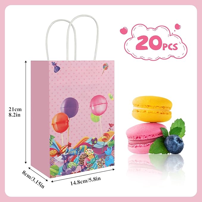 20Pcs Candyland Goodie Bags with Handles, Candy Party Favors Bags, Lollipop Paper Gift Bags, Sweet Candy Party Treat Gift Bags for Kids Birthday Baby Shower Wedding Party Supplies