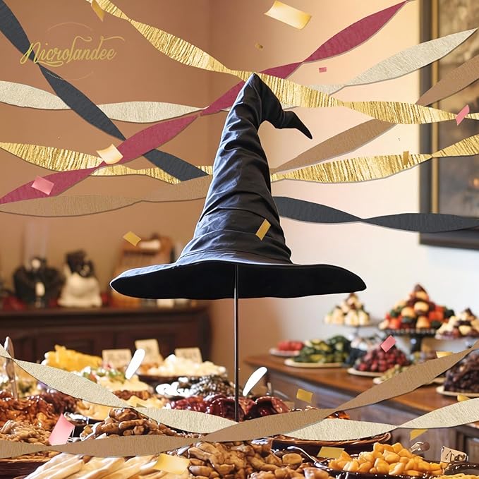 NICROLANDEE 5 Rolls Burgundy Gold Black Crepe Paper Streamers for Magical Wizard School Party Decorations, Casino Theme Party Decorations for Graduation, Retirement, New Year, Milestone Birthday