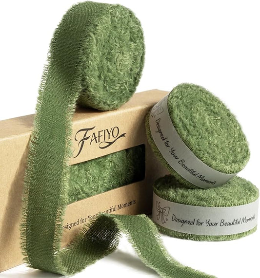 Moss Green Cotton Ribbon 5/8 Inch Moss Green 3 Rolls 21 Yards Frayed Edge Fabric Set for Rustic Wedding Decor, Bridal Bouquet Wrap, Woodland Theme Party, Baby Shower & Wreath Making