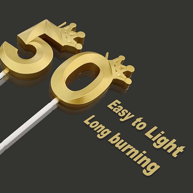 The Number 50 Gold Birthday Candles for Cake is Beautiful Number Candles for 50th Birthday Decorations for Man and Women (Gold-50, Crown)