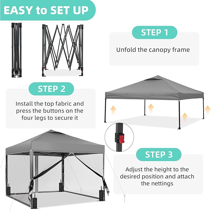 GDY 10x10 Pop up Canopy Tent with Mosquito Netting, Easy up Gazebo for Patio, Camping and Garden, Includes 4 Sandbags, Gray