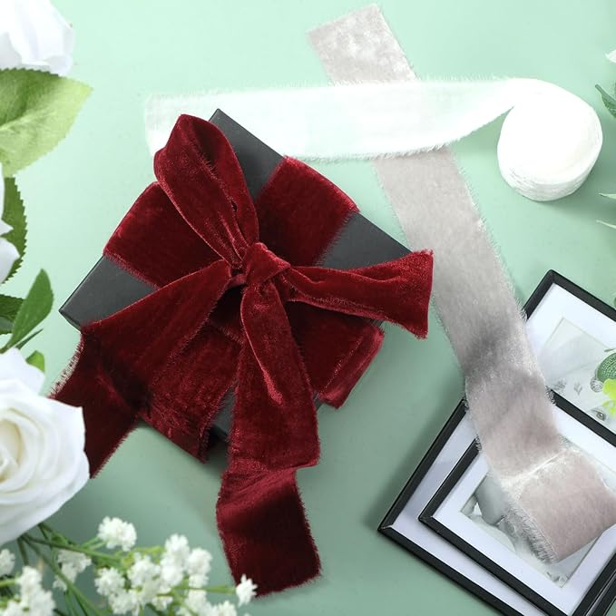 Canlierr 4 Roll Valentine's Day Silk Velvet Ribbon for Gift Wrapping Fringe Fabric Frayed Velvet Ribbon Raw Edge for Valentine Day Party Wedding Decor Bouquet Basket Hair(Fresh Color,2 in X 8 yd)