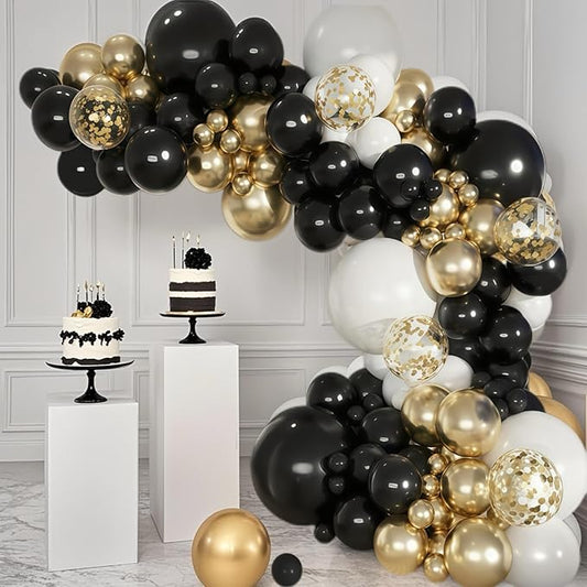 Black Gold White Balloon Arch Kit, Black Metallic Gold Matte White Balloons with Gold Confetti Balloon for Graduation Bachelorette Anniversaries Birthday Wedding 2026 New Year's Party Decorations