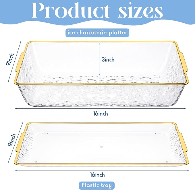 Baderke 2 Set 16" x 9" Plastic Chilled Serving Tray for Parties with Compartments Ice Chilled Party Platter Charcuterie Serving Board Cold Dish Dip for Fruit Seafood Vegetable Appetizer (Gold Rim)