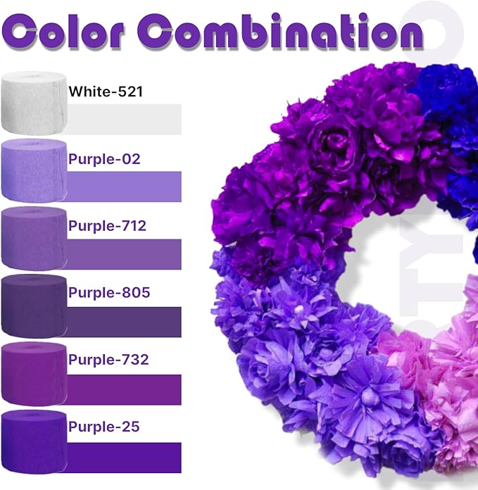 PartyWoo Crepe Paper Streamers 6 Rolls 492ft, Pack of Metallic Silver, Light Purple, Lilac, Lavender Purple, White Crepe Paper for Birthday Decorations, Baby Shower Decorations (1.8 Inch x 82 Ft/Roll)