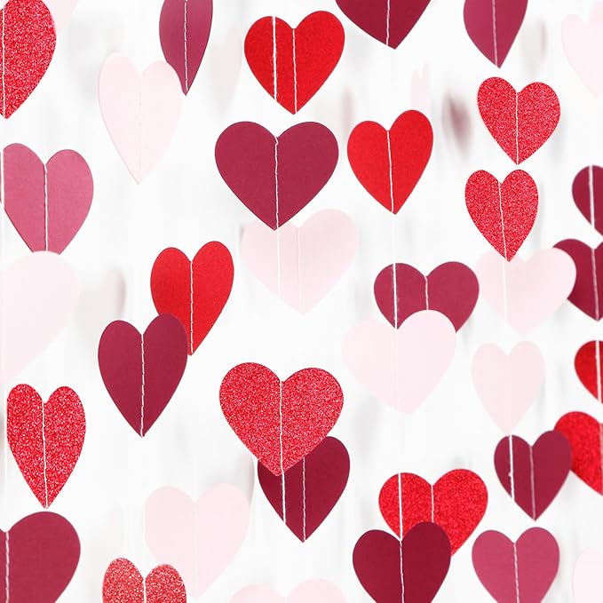 Burgundy-Red Light-Pink Valentines Party-Decorations Heart-Garland - 52ft Glitter Galentines Hanging Streamers Banner,Women Romantic Special Night Wedding Bachelorette Birthday Backdrop Decor Burgleda