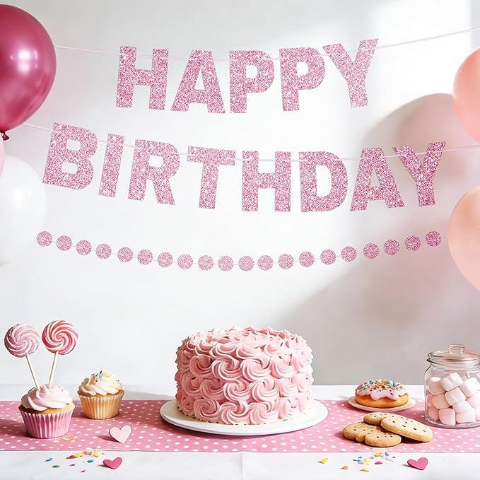 Happy Birthday Banner Pre-Strung Birthday Party Decorations NO DIY Glitter Happy Birthday Sign Circle Dots Garland Birthday Hanging Decorations for Women Men Birthday Party Supplies (Pink)
