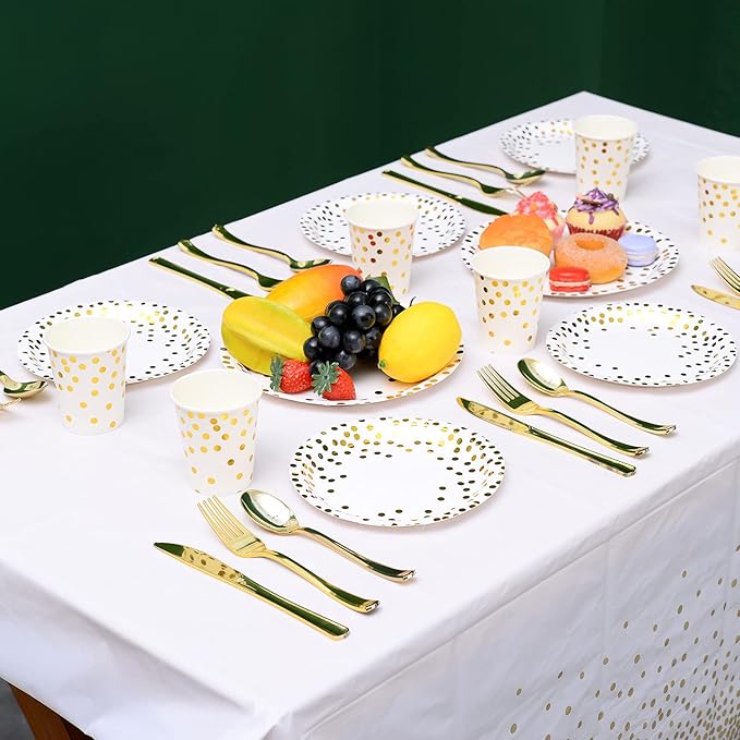 200Pcs Gold Party Supplies - Gold Paper Plates & Napkins Cups Silverware Serves 25 Sets for Wedding Bridal Shower Engagement Birthday Parties (Gold dot)
