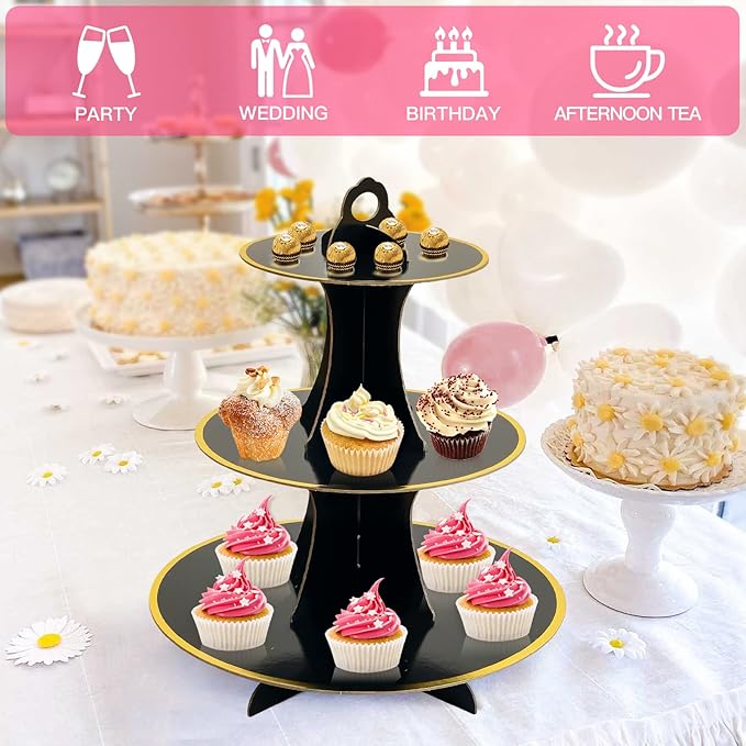Soleebee 3-Tier Round Cupcake Stand, Cardboard Cupcake Tower, Dessert Cup Cake Stand Tower for Birthday Wedding Party Decoration, Cupcake Tier Stand 1 Set (Black Gold)
