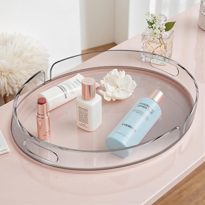 Acrylic Serving Tray with Handles Large Decorative Ottoman Tray 17x13'' Round for Bathroom Food Coffee Fruit Snack Tea Dinner Living Room, Clear