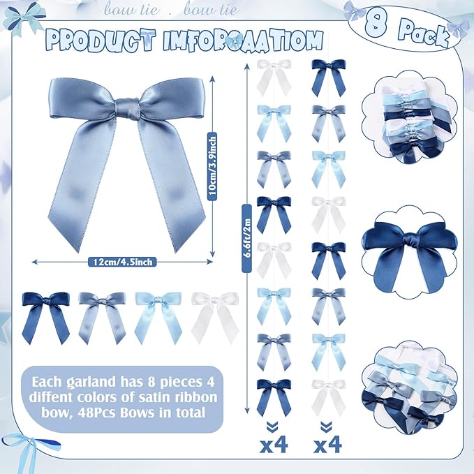 Taobary 8 Pcs 6.6 ft Bow Garland, Satin Ribbon Bow Banner Coquette Hanging Ornament for Photo Backdrop Birthday Party Wedding Bridal Baby Shower Wall Decorations(Blue,1 Inch)