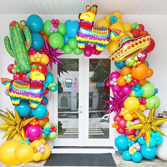 Mexican Fiesta Party Decorations, 144Pcs Cinco De Mayo Rainbow Balloons Arch Garland Kit Cactus Llama Sombrero Explosion Star Foil Balloons for Taco Twosday Carnival Hawaii Tropical Birthday Party
