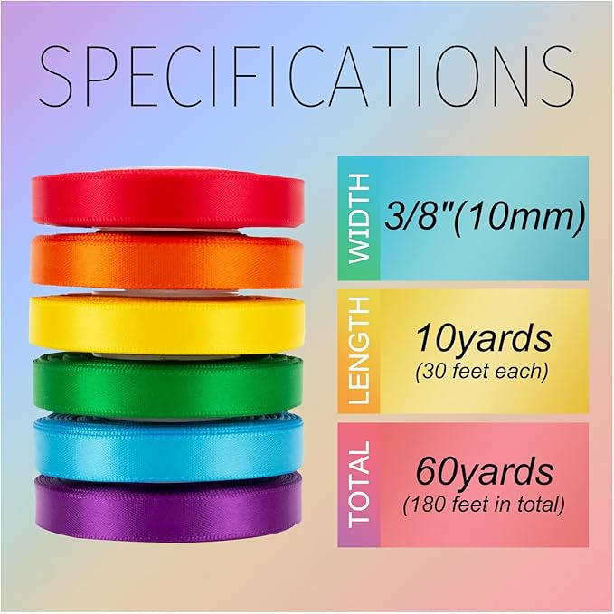 Rainbow Ribbon Thin 3/8 Inch x 60Yds Assorted Colorful Bulk Double Faced Rainbow Satin Ribbon Set for Crafts, Gift Wrapping, Wedding, Easter, Baby Shower, Birthday, Fiesta Party, School, Hair Bows