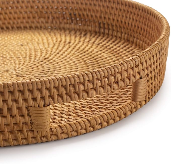 Coffee Table Tray Round Rattan Ottoman Tray Woven Serving Trays with Handles for Home and Kitchen Decorative Natural (Large 16.9 inch)