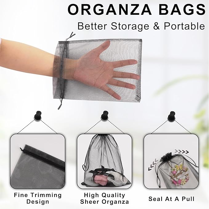 ANZNKU 100 Pack Premium Sheer Organza Bags 6x9 inches Mesh Gift Bags Drawstring for, Wedding, Festival, Makeup, Easter Party Favor(Black)