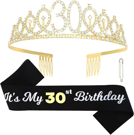 CAVETEE Gold Birthday Crown and Tiara for Women, Sash for Girls - Birthday Party Decoration