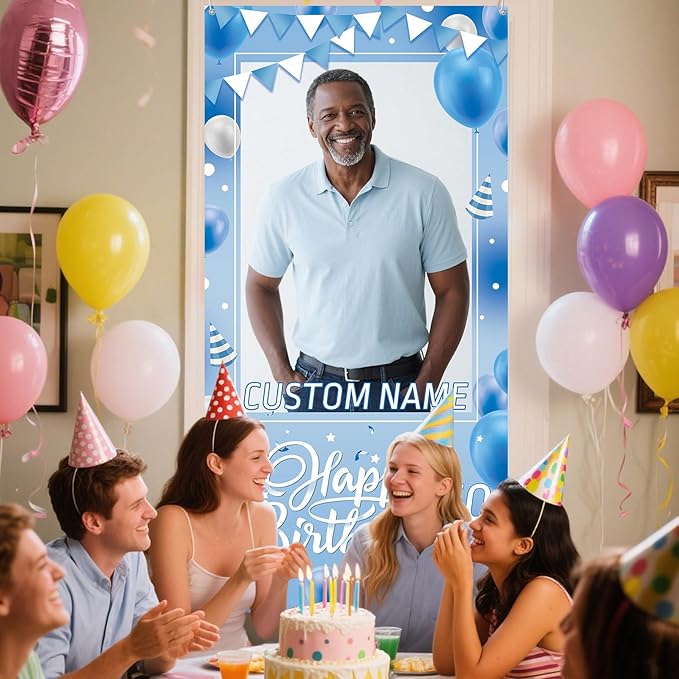 Dicodes Personalized Happy Birthday Door Banner Custom Photo Birthday Photography Background Decorations Party Supplies for Women Men (Blue White)