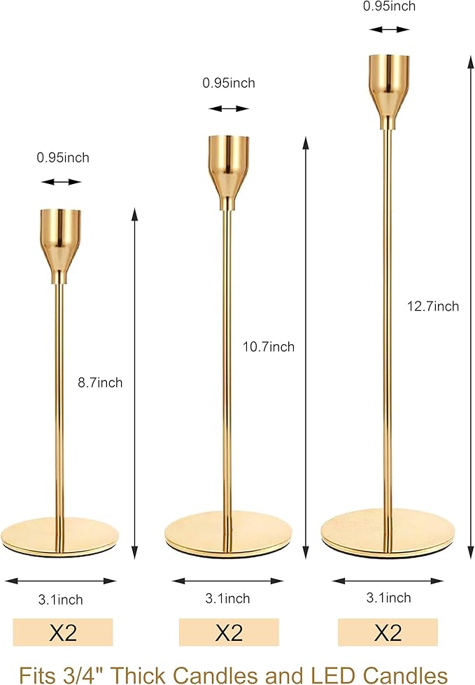 NLBTW Set of 6 Gold Taper Candle Holders, Tall Candlesticks Holder for Dining Table Centerpiece, Fall Decor, Fireplace Mantel & Wedding Gift (Fits 3/4" Thick Candles)