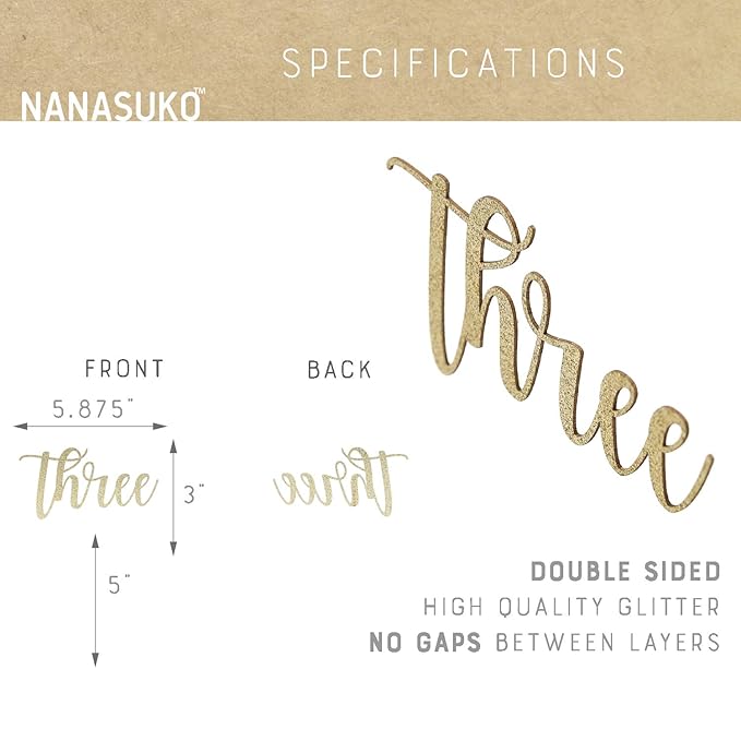 3rd Birthday Cake Topper - Three - Double Sided Gold Glitter - Premium Quality Made in USA