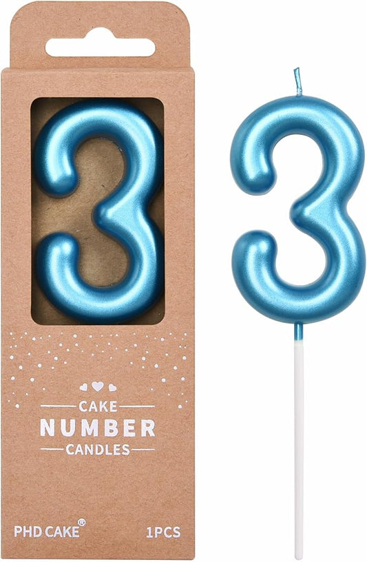 PHD CAKE 2.76 inch Classical Blue 3 Number Birthday Candles, Blue Number Candles, Cake Number Candles, Party Celebration
