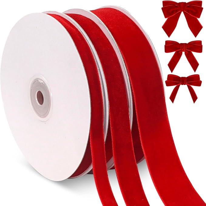 Red Velvet Ribbon Set, 3 Rolls Vintage Thin Velvet Ribbon for Gift Wrapping,Thick Christmas Ribbons for Christmas Tree Ornaments, Holiday Decor, Garland, Wreaths, 3/8, 5/8, 1 inch Wide, 30 Yards Total