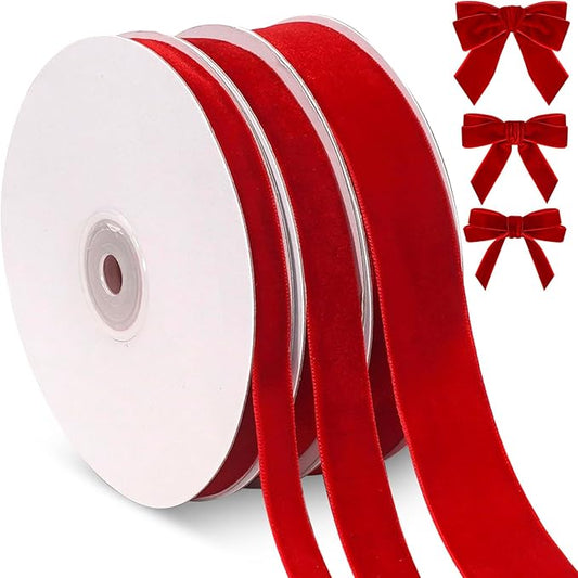Red Velvet Ribbon Set, 3 Rolls Vintage Thin Velvet Ribbon for Gift Wrapping,Thick Christmas Ribbons for Christmas Tree Ornaments, Holiday Decor, Garland, Wreaths, 3/8, 5/8, 1 inch Wide, 30 Yards Total
