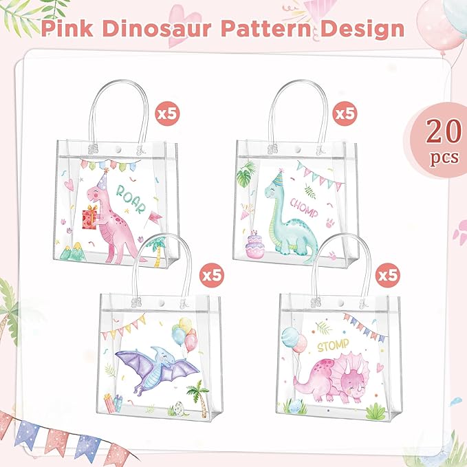 Aliceset 20 Pcs Pink Dinosaur Clear Treat Bags with Handles Cute Watercolor Dinosaur Party Favor Dino Gifts Bags for Birthday Dino Theme Party Supplies Candy, 8 x 8 x 3.15 Inch
