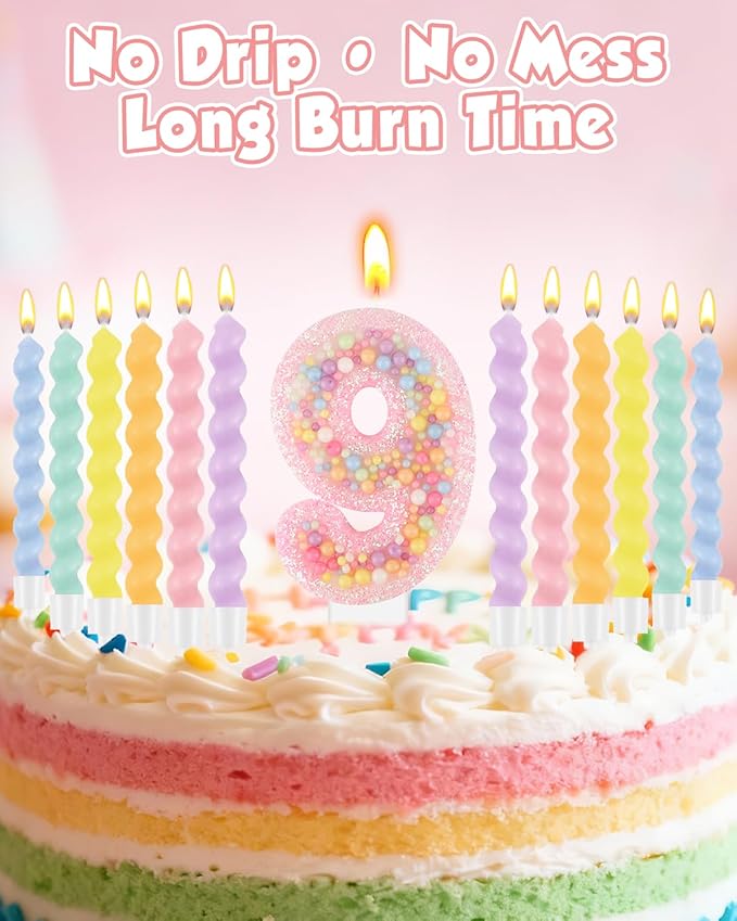 Birthday Candles for Cake, Macaron Number Candles, Cake Candles with Greeting Card for Birthday Party Wedding Anniversary Celebrations (9 Candle)