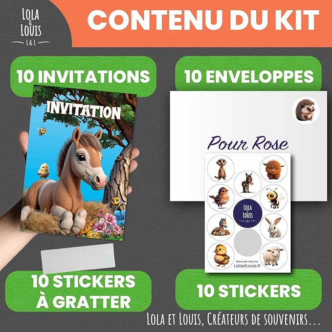 Complete Invitation Kit for 10 Guests Girls or Boys: Envelopes, Secret Message, Scrape, Horse Foal Birthday Party Invites Invitation Cards, Decorative Stickers, Following Invitations • Lola and Louis®