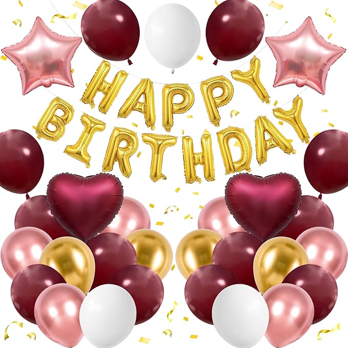Burgundy Birthday Decorations for Women Girls,Burgundy Rose Gold Balloons Gold Happy Birthdays Balloon Banner for Women Girls Adults Birthday Party Decorations
