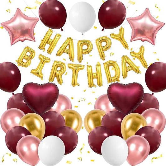 Burgundy Birthday Decorations for Women Girls,Burgundy Rose Gold Balloons Gold Happy Birthdays Balloon Banner for Women Girls Adults Birthday Party Decorations