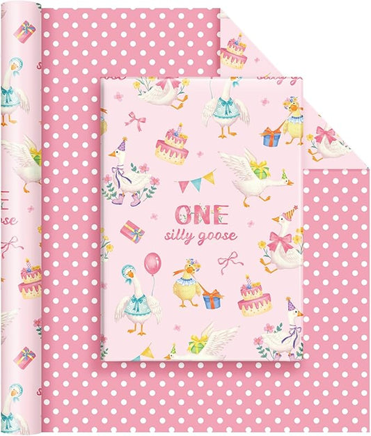 WERNNSAI Silly Goose Wrapping Paper - 1 Roll 17” x 33 ft 1st Birthday Wrapping Paper Pink Birthday Gift Wrap Baby Girls One Year Present Packing Wrap Baby Shower Reversible Design