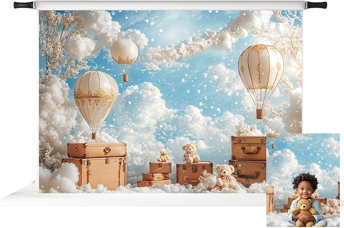 Kate 1st Kids Birthday Backdrop for Photography Hot Air Balloon Backdrops Cartoon Teddy Bear Background Photo Fabric Props, 7x5ft