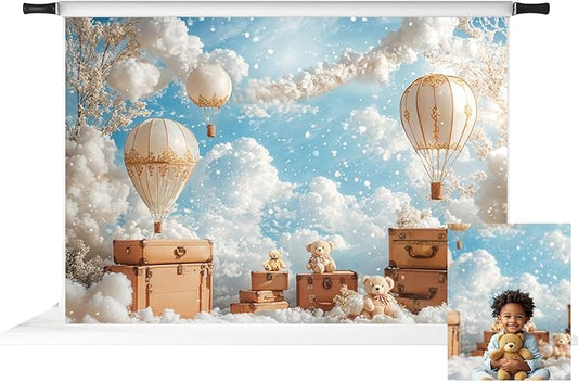 Kate 1st Kids Birthday Backdrop for Photography Hot Air Balloon Backdrops Cartoon Teddy Bear Background Photo Fabric Props, 7x5ft