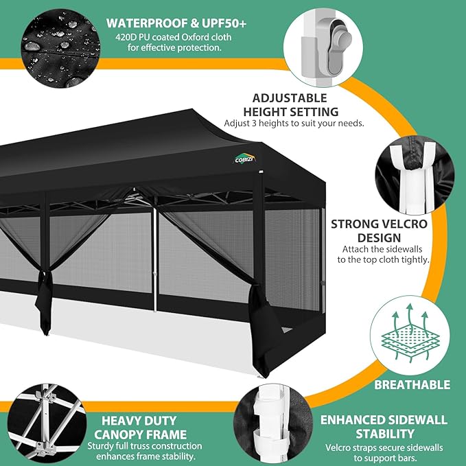 COBIZI 10x30 Pop Up Canopy with Sidewalls, Heavy Duty Canopy with Mosquito Netting, Easy up Screen Party Tents for Parties Backyard Outdoor Commercial Event Gazebo with Roller Bag, Sandbags, Black