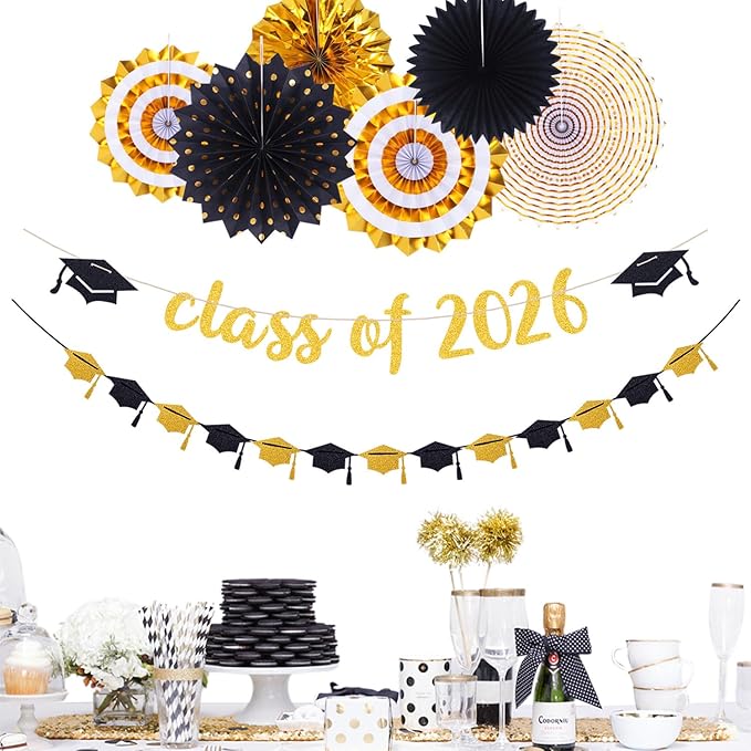 Black Gold Party-Decorations Graduation Banner-Streamers - 18pcs Kits Class of 2026 Garland, Paper Tissue Pom Poms Fan, Honeycomb Lanterns Congrate Grad Congratulations Decor Panduola