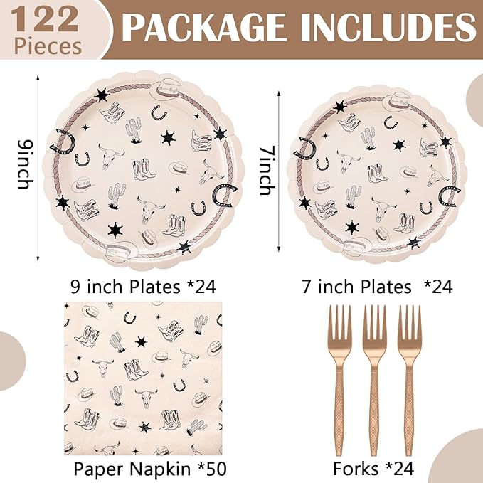 AmazingSpark 122 Pcs Cowboy Paper Plates and Napkins Forks Western Birthday Supplies First Rodeo Bachelorette Party Plates Cowboy Ranch Tableware Set for Kids Boys Baby Shower Decorations, Serve 24