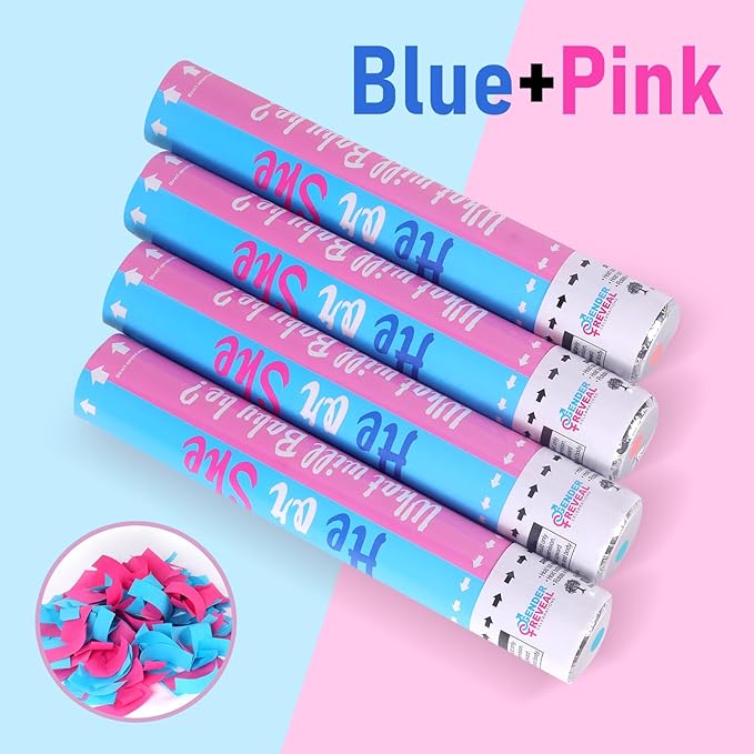 Gender Reveal Confetti Cannon - Set of 4 (2 Blue + 2 Pink) for Stunning Baby Gender Announcements, Perfect Gender Reveal Cannon for Parties and Celebrations (Non-Powder)