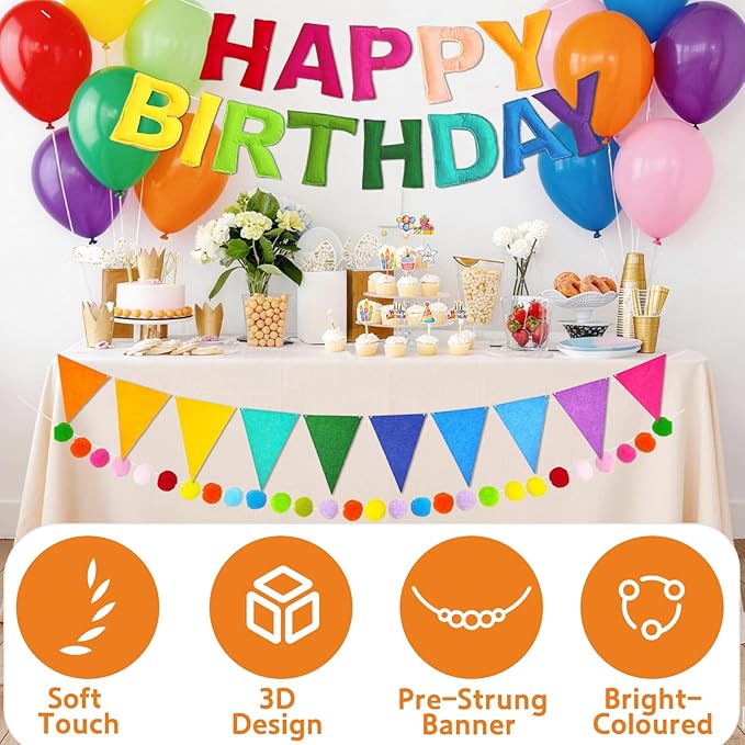 43PCS Pre-Strung 3D Felt Happy Birthday Banner Decorations, Rainbow Happy Birthday Banner Felt Pom Pom Garland Triangle Fabric Banner for Handmade Felt Reusable Birthday Banner Decorations Supplies
