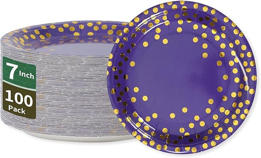 Purple and Gold Paper Plates,7INCH Dessert Party Plates,Purple Foil Polka Dots Paper Plate for Birthdays,Graduation,Mardi Gras,Bridal Parties(100 PCS)