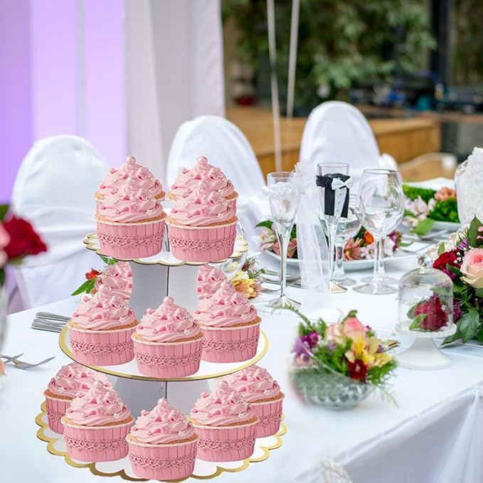 2 Pack Cardboard Cupcake Stand, 3 Tier Paper Cupcake Tower, Round Cake Display Rack Dessert Stand Pastry Holder for Christmas Wedding Anniversary Birthday Baby Shower Party (#A)