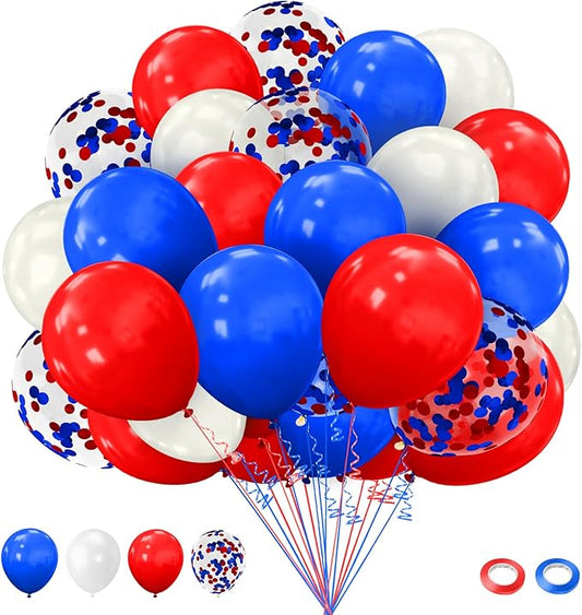 Red White and Blue Balloons, 60pcs 4th of July Patriotic Balloons, 12 Inches Red White Blue Latex Confetti Balloon for Independence Day 4th fourth of July Patriotic Memorial Birthday Party Decorations