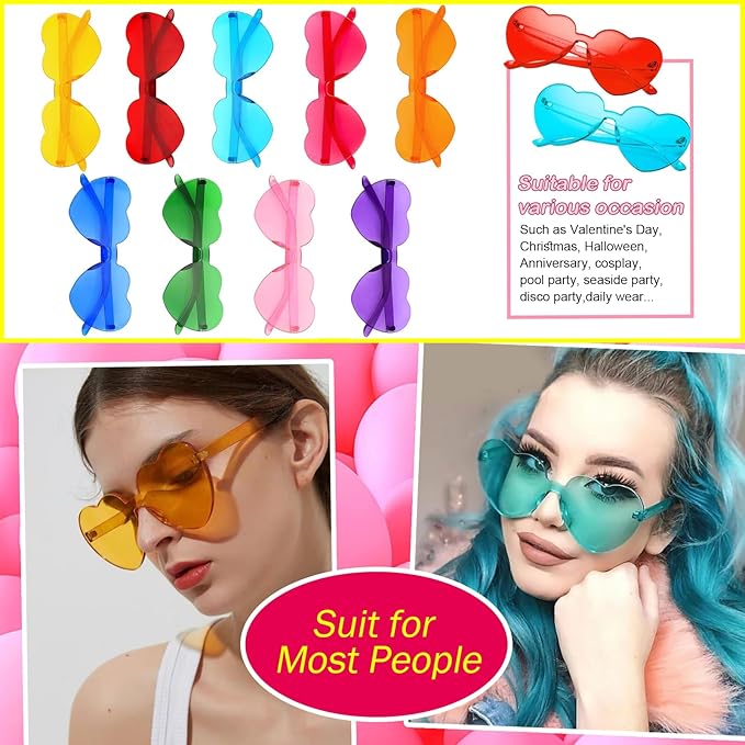 9 Pack Heart Shaped Sunglasses Rimless Heart Glasses for Bachelorette Party Birthday Decorations Party Favors