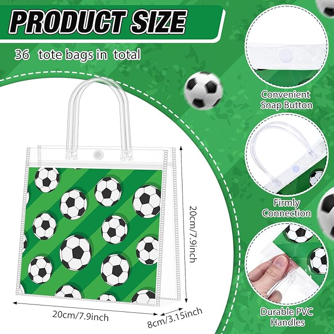 Supervitae 36 Pcs Soccer Clear Favor Bags with Handle Reusable Plastic PVC Sports Gift Bag Goodies Treats Totes for Birthday Wedding Summer Party Supplies, 8 x 8 x 3.15 Inch