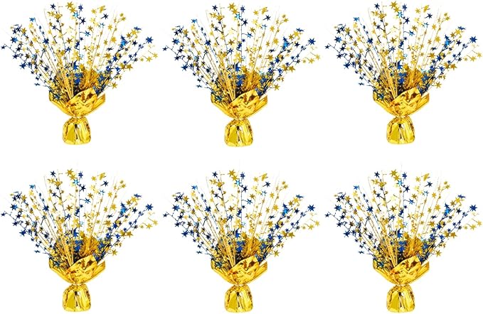 6 Pack Metallic Foil Spray Centerpiece Stars for Wedding, Birthday, Anniversary, Christmas Table Decor, Holiday Festival Baby Shower Graduation Mantle Party Decorations (Gold&Blue)