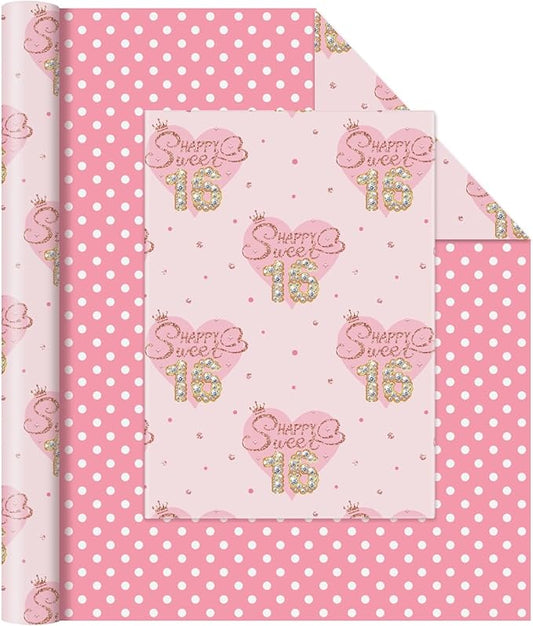 WERNNSAI Sweet 16 Birthday Wrapping Paper - 1 Roll 17”x 33ft Happy Birthday Wrapping Paper Pink Love Heart Gift Wrap for Girls Daughter Granddaughter Friends Sweet Sixteen Gifts Supply
