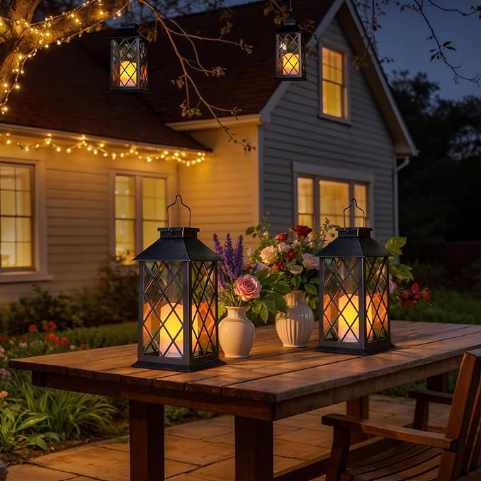 [2 Pack] TAKE ME Black 14" Solar Lanterns Outdoor Waterproof Garden Lanterns LED Candle Lights for Garden Outdoor Decor Mothers Day Gifts