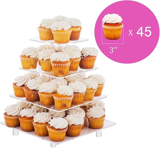 Jusalpha 4 Tier Square Cupcake Stand Serving Tray Acrylic Cupcake Tower - Ideal for Weddings Birthday Parties, Candy Bar Decor (Warm Power Charge : Battery)