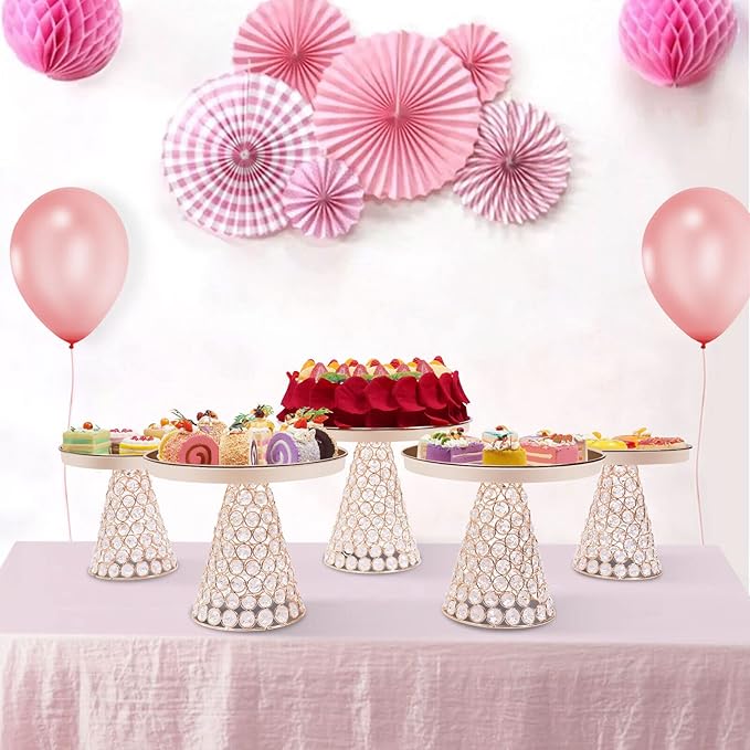 5 PCS Cake Stand Set,Gold Crystal Dessert Table Display Set,Cupcake Plate Stand with Base Decoration for Wedding Birthday Party Celebration