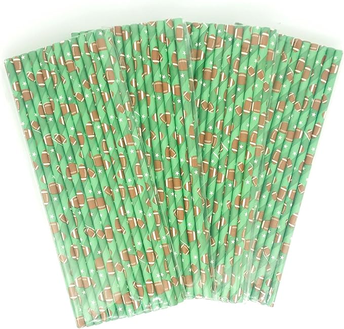 100 pcs Sports Party Paper Straws, Ombre Green Stripe White Star Brown Rugby Football Bar Soda Beer Drinking Straws, Cute Biodegradable Decor Game Day Cake Pop Sticks (Green With Football)